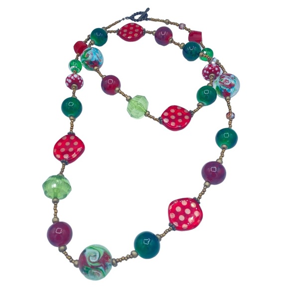 Art necklace multicolour long necklace large beads bronze seed beads whimsical - Picture 9 of 11